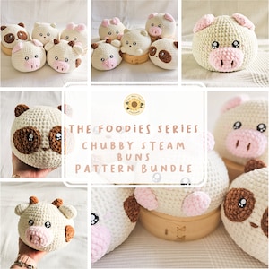 May include: A set of crochet amigurumi patterns for making cute, chubby steamed bun characters. The patterns include a panda, pig, and cow. The patterns are called "The Foodies Series Chubby Steam Buns Pattern Bundle".