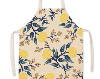Modern Linen Soft Kitchen Apron Branch with Yellow Flowers Handmade 3D Printing for Cooking Gardening House Cleaning