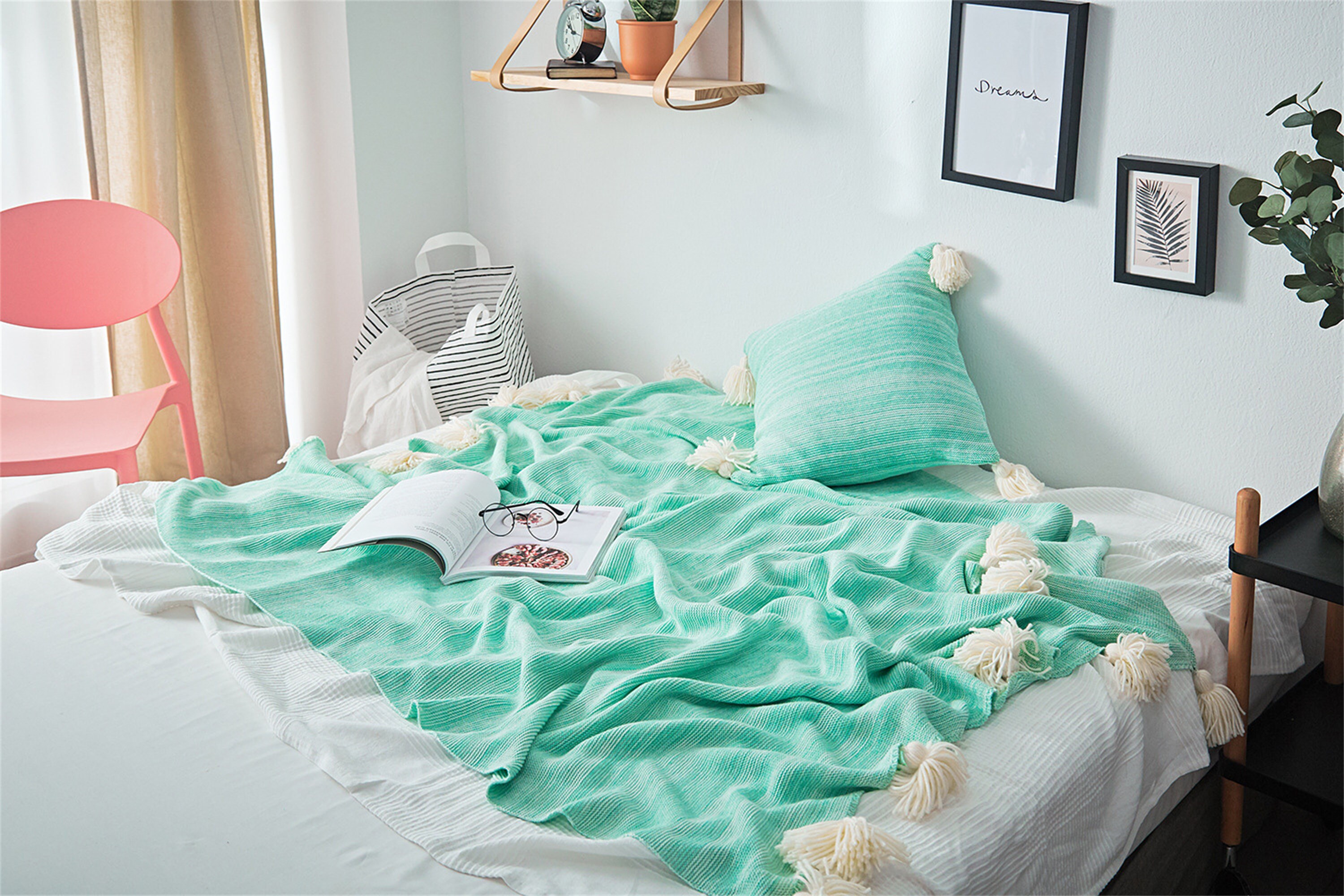 Minzgrün Hohe Qualität Baumwolldecke Pom Tagesdecke Sofadecke Weich Deckenwurf Babydecke Reise Gesch