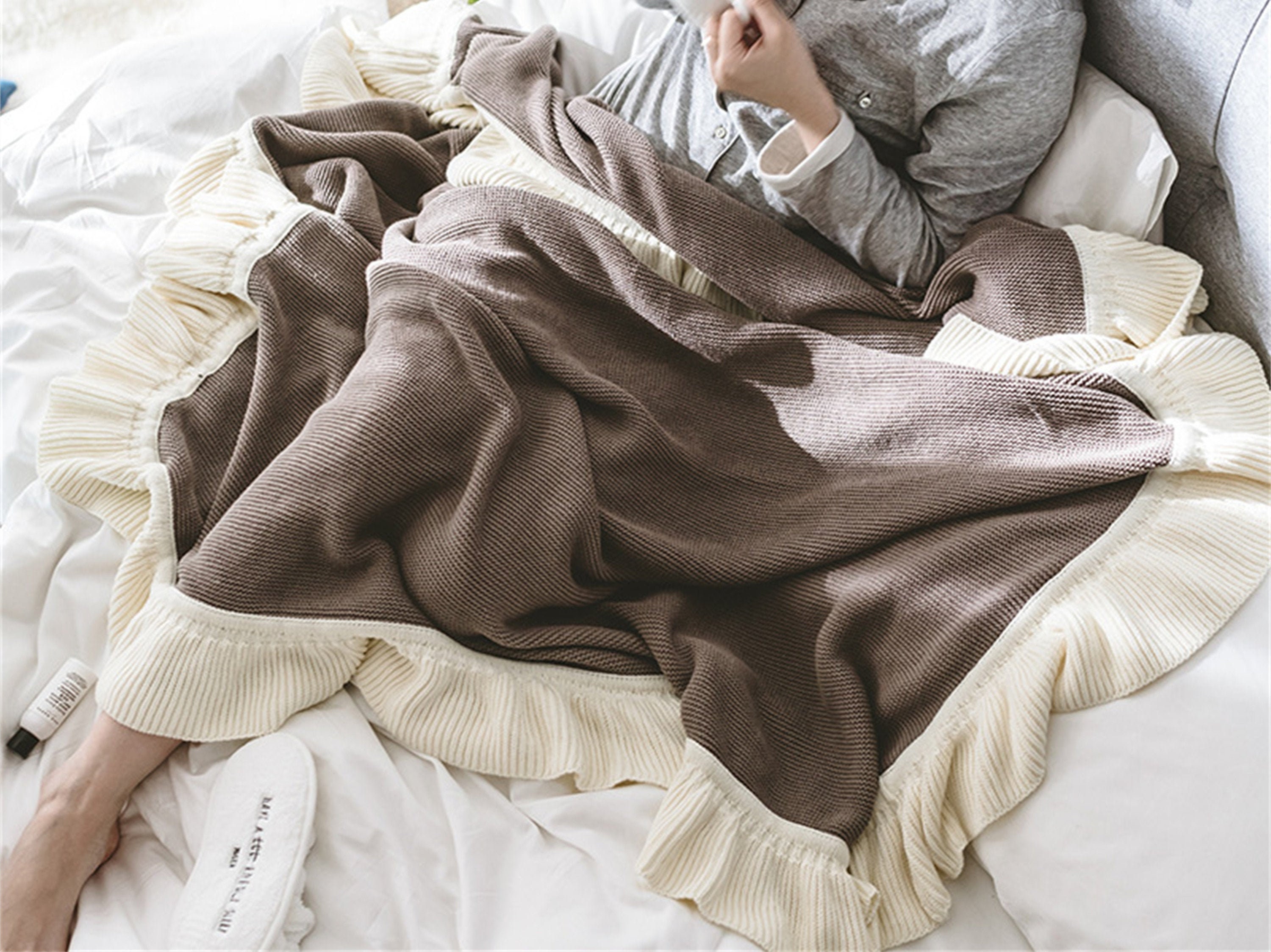 Braun Lotusblattrand Baumwolldecke Hautfreundliche Sofadecke Tagesdecke Multifunktionale Gewebte Bau