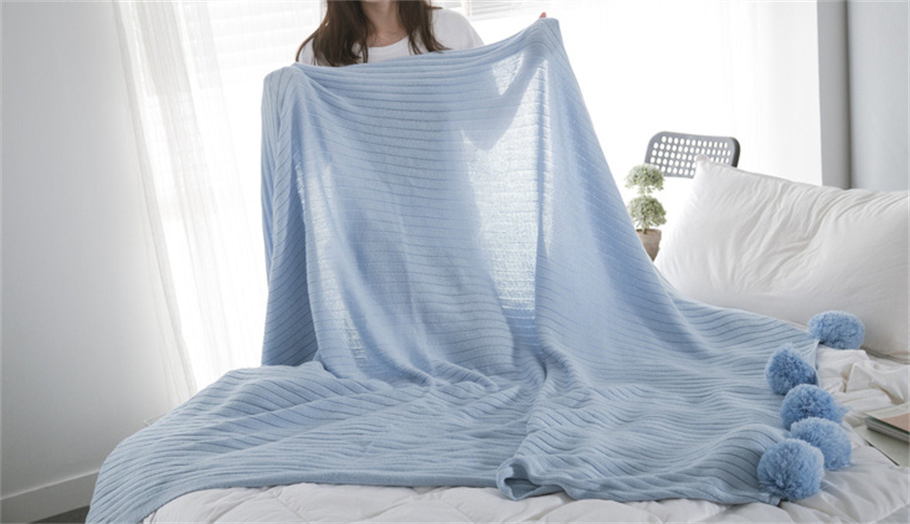 Hellblau Baumwolldecke Pom Tagesdecek Weich Sofadecke Hautfreundlich Kniedecke Geschenk Decke Werfen