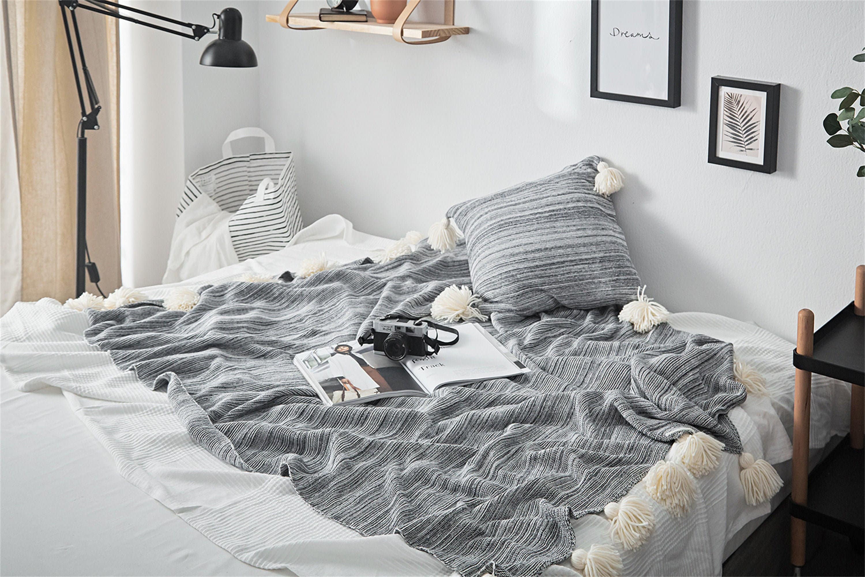 Hochwertige Grau Tagesdecke Aus Baumwolle Pom Sofadecke Multifunkionale Kniedecke Super Weich Babyde