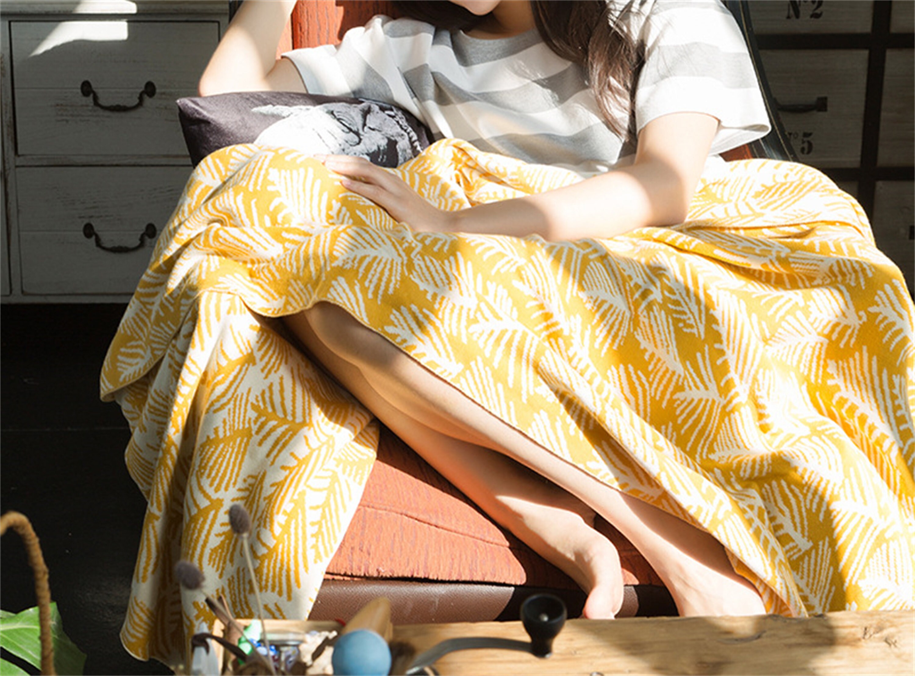 Gelb Dekorative Tagesdecke Aus Baumwolle Multifunktionale Sofadecke Gewebt Baumwolldecke Picknickdec