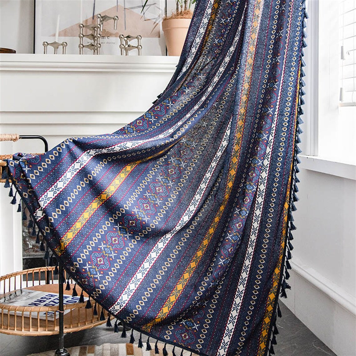 Boho Navy Blue Curtain Linen and Cotton Bohemian Curtain With Etsy