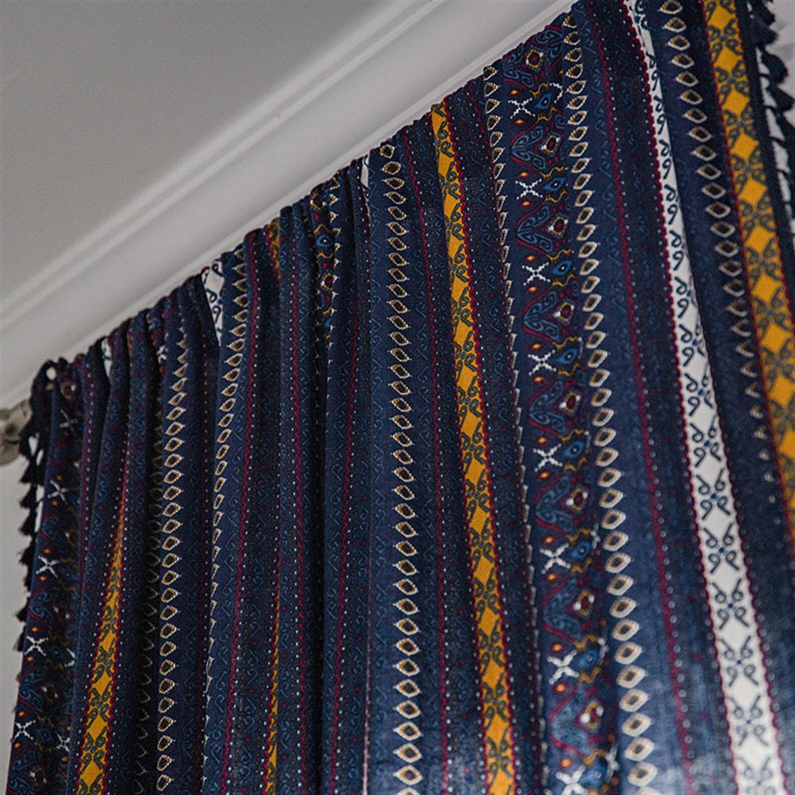 Boho Navy Blue Curtain Linen and Cotton Bohemian Curtain With Etsy