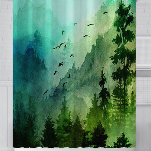 Green Shower Curtain Forest & Bird Shower Curtain Decorative Etsy