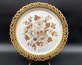 VIntage Nashco Round Painted Tray Metal Hand Painted Gold Cream Brown Signed LaVerne Toleware