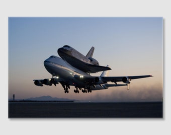 Space Shuttle Discovery on the back of a Boeing 747 Ferry Plane - High Gloss Metal Print - Multiple Sizes