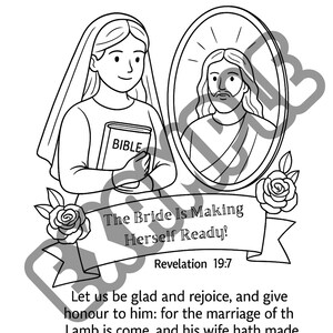 Könnte beinhalten: Schwarz-Weiß-Illustration einer Frau, die eine Bibel hält, mit einem Bild eines Mannes in einem ovalen Rahmen. Der Text enthält "The Bride Is Making Herself Ready!" und "Revelation 19:7".