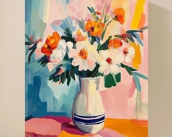 May include: A painting of a white vase with blue stripes filled with a bouquet of white and orange flowers. The vase is sitting on a table with a pink and orange background.