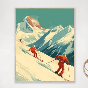 May include: A vintage-style illustration of three skiers in red suits descending a snowy mountain slope. The background features a teal sky and a snow-capped mountain range.