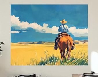 Könnte beinhalten: Ein Gemälde eines Cowboys, der auf einem braunen Pferd über ein Feld mit gelbem Gras unter einem blauen Himmel mit weißen Wolken reitet.