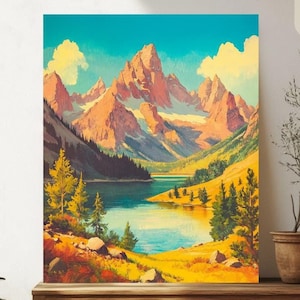 Malen nach Zahlen Vintage Grand Teton Nationalpark | Bergsee Waldlandschaft Malen nach Zahlen | Wyoming Natur Erwachsene DIY Malset