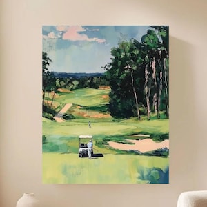 Könnte beinhalten: Ein Gemälde eines Golfplatzes mit einem Golfwagen und zwei Golfspielern in der Ferne. Der Platz ist grün und üppig, mit Bäumen, die das Fairway säumen. Der Himmel ist blau mit weißen Wolken.