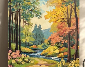Paint By Numbers Vintage Spring | Forest Landscape River Stream Spring Nature Adult DIY Painting Kit