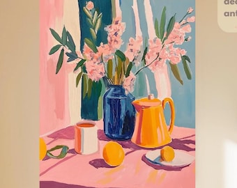 Kit de pintura por números para adultos: Bodegón abstracto / Flores cítricas rosas para decoración de mesa (DIY)