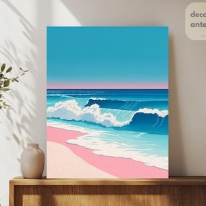 Paint By Numbers Pastel Ocean Waves | Summer Beach Ocean Seascape Paint By Number | Pink Coastal Waves Beginner Adult DIY Painting Kit