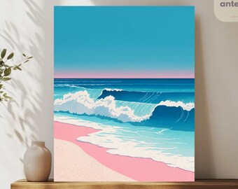 数字で描くパステルカラーの海の波 | ピンクのビーチの海景沿岸大人