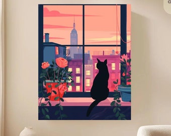 Paint By Numbers Cat In New York City | Black Cat New York Window Landscape Paint By Number | Pet Painting Beginner Adult DIY Painting Kit