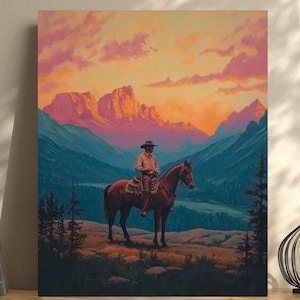 Dipingi con i numeri Paesaggio vintage Cowboy / Texas Equitazione Tramonto rosa Dipingi con i numeri / Kit di pittura fai da te per adulti rustico sud-ovest occidentale