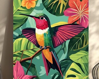 Paint By Numbers Colorful Hummingbird | Vibrant Tropical Floral Hummingbird Adult DIY Painting Kit
