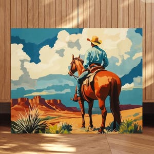 Paint By Numbers Vintage Desert Cowboy | Texas Cowboy Horse Riding Paint By Numbers | Western Desert Landscape Cowboy Adult DIY Painting Kit