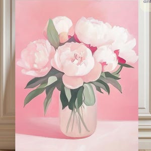 Pintura por números Ramo de peonías / Jarrón de flores Pintura botánica por números / Kit de pintura acrílica para principiantes y adultos con flores en color rosa pastel femenino