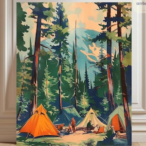 Paint By Numbers Vintage Camping | Mountain Forest Landscape Paint By Number | Retro Camping Nature Outdoor Beginner Adult DIY Painting Kit