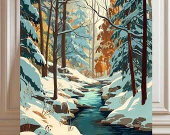 May include: A winter landscape painting featuring a snow-covered forest and a flowing river. The artwork showcases a palette of blues, greens, and browns, with snow-laden trees and a clear, turquoise river winding through the scene. The text "deco ante" is in the upper right corner.