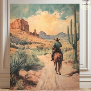 Dipingi con i numeri, cowboy d'epoca a cavallo / cactus occidentale, deserto del sud-ovest, dipingi con i numeri / paesaggio desertico, kit di pittura fai da te per adulti