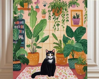 May include: A black and white cat sits on a pink and white floral rug in a room filled with potted plants. The plants are in various sizes and shapes, and some are hanging from the ceiling. The walls are a light pink color.