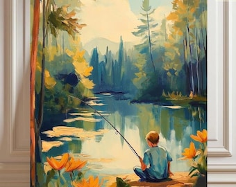 Kit de pintura por números para adultos: Niño pescando / Pesca vintage en lago, río y campo