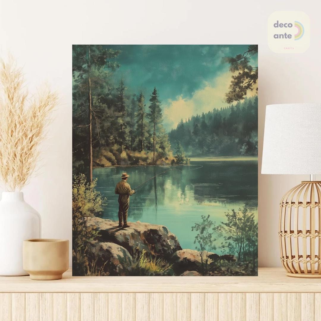 Paint By Numbers Vintage Fishing | Fisherman Forest River Landscape Paint By Number | Nature Fishing Lake Antique Adult DIY Painting Kit