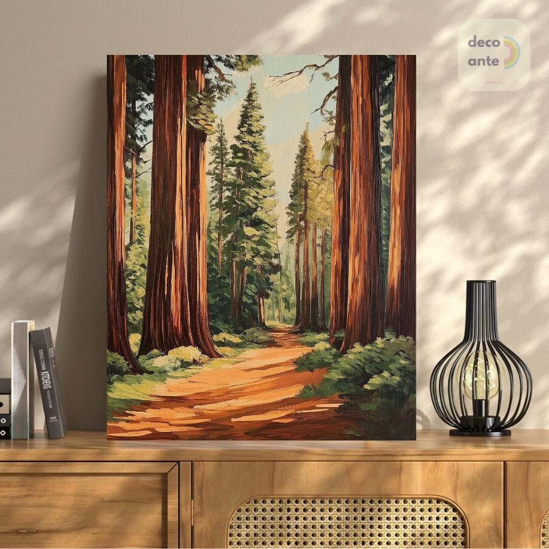 Paint By Numbers Vintage Redwood National Park | Sequoia Forest Landscape Paint By Number | California Nature Adult DIY Paint By Number Kit