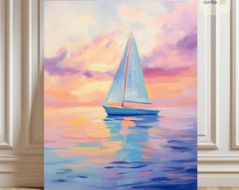 Paint By Numbers Sailboat | Sailboat Pastel Pink Sunset Sea Coloring Numbers | Seashore Ocean Landscape Beginner Adult DIY Painting Kit