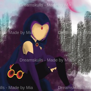 May include: A digital illustration of a female superhero with purple hair and a black cape. She is wearing a purple and black outfit with a red gem on her forehead. The background is a dark purple and black cityscape with a pink moon in the upper right corner. The text "Dreamskulls - Made by Mia" appears multiple times in the image.