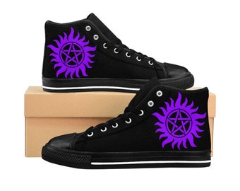 May include: Black high-top canvas sneakers with a purple pentagram symbol inside a sunburst on each shoe.