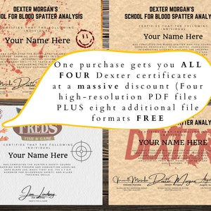 Analista de respingos Dexter e novo conjunto de certificados de sangue com quatro pacotes de presente | Digitais | Séries de TV | Açougueiro de Bay Harbor | Cosplay | Pergaminho