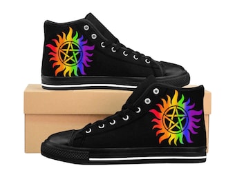 May include: Black high-top canvas sneakers with a rainbow colored pentagram symbol on the side. The shoes are in a box.