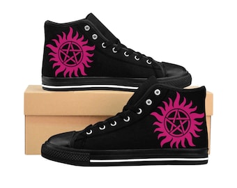 May include: Black high-top canvas sneakers with a pink pentagram inside a sun symbol on each shoe.