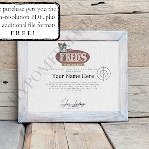 Dexter: New Blood Fred&#39;s Fish & Game Hunter&#39;s Safety Certificate | Digital Download Printable | TV Series | Bay Harbor Butcher | Cosplay