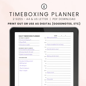 May include: A digital timeboxing planner on a tablet screen. The planner is divided into sections for top tasks, secondary tasks, and tasks to brain dump. The planner includes a time slot for each task and a date field.