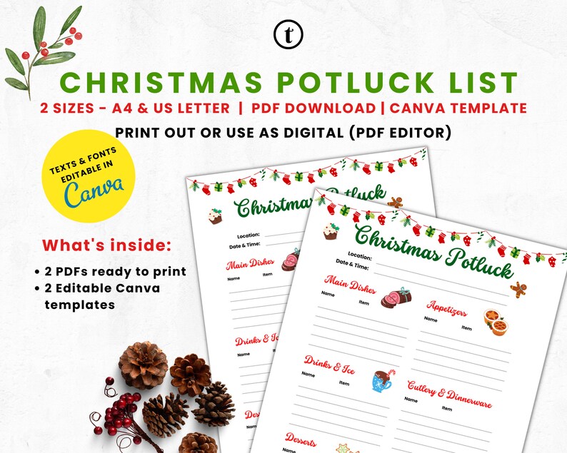Christmas Potluck Sign up Pot Luck Sign up Sheet, Party Potluck ...