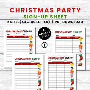 Könnte beinhalten: Druckbare Anmeldeliste für eine Weihnachtsfeier mit vier verschiedenen Designs. Das Blatt hat Spalten für Veranstaltungsort, Name, Gast, Datum und Kontaktinformationen. Das Design zeigt einen roten Strumpf mit grünem Bündchen, einen roten und weißen Zuckerstock, eine rote Geschenkbox mit grüner Schleife und eine goldene Glocke.