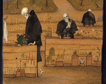 Puede incluir: Una pintura que representa a tres esqueletos cuidando un jardín. Los esqueletos llevan túnicas negras y están regando plantas, deshierbando y cuidando las flores. El jardín está rodeado por una valla de madera y hay varias plantas y flores creciendo en el jardín.