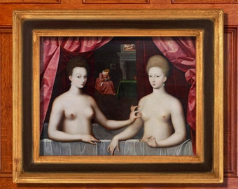Gabrielle d&#39;Estrées and her sister the Duchesse de Villars, School of Fontainebleau 1594. Home Decor Wall Art Poster