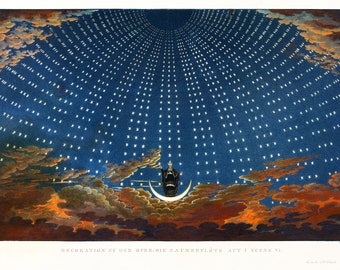 Design for The Magic Flute, The Hall of Stars in the Palace of the Queen of the Night by Schinkel. Vintage Home Wall Decor Print