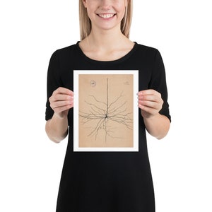 K&ouml;nnte beinhalten: Eine gerahmte Schwarzwei&szlig;illustration eines Neurons, einer Art Nervenzelle, mit einer detaillierten Zeichnung seiner Dendriten und seines Axons. Die Illustration befindet sich auf einem cremefarbenen Hintergrund mit einem kleinen Kreis in der oberen linken Ecke.