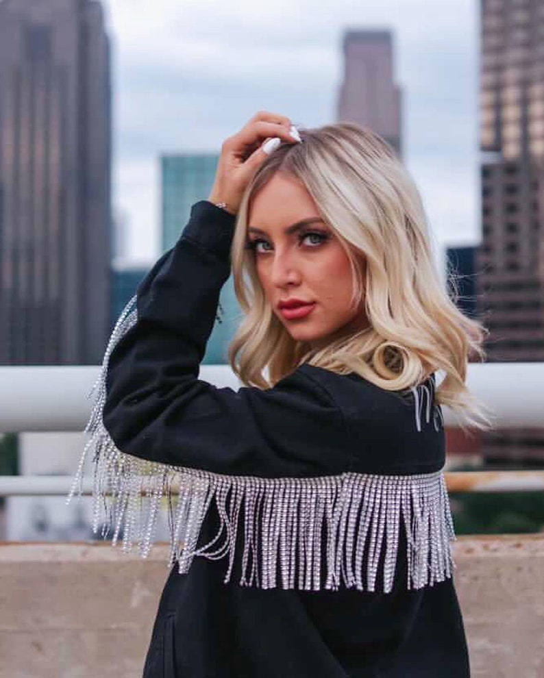Rhinestone Fringe Black Denim Jacket Etsy
