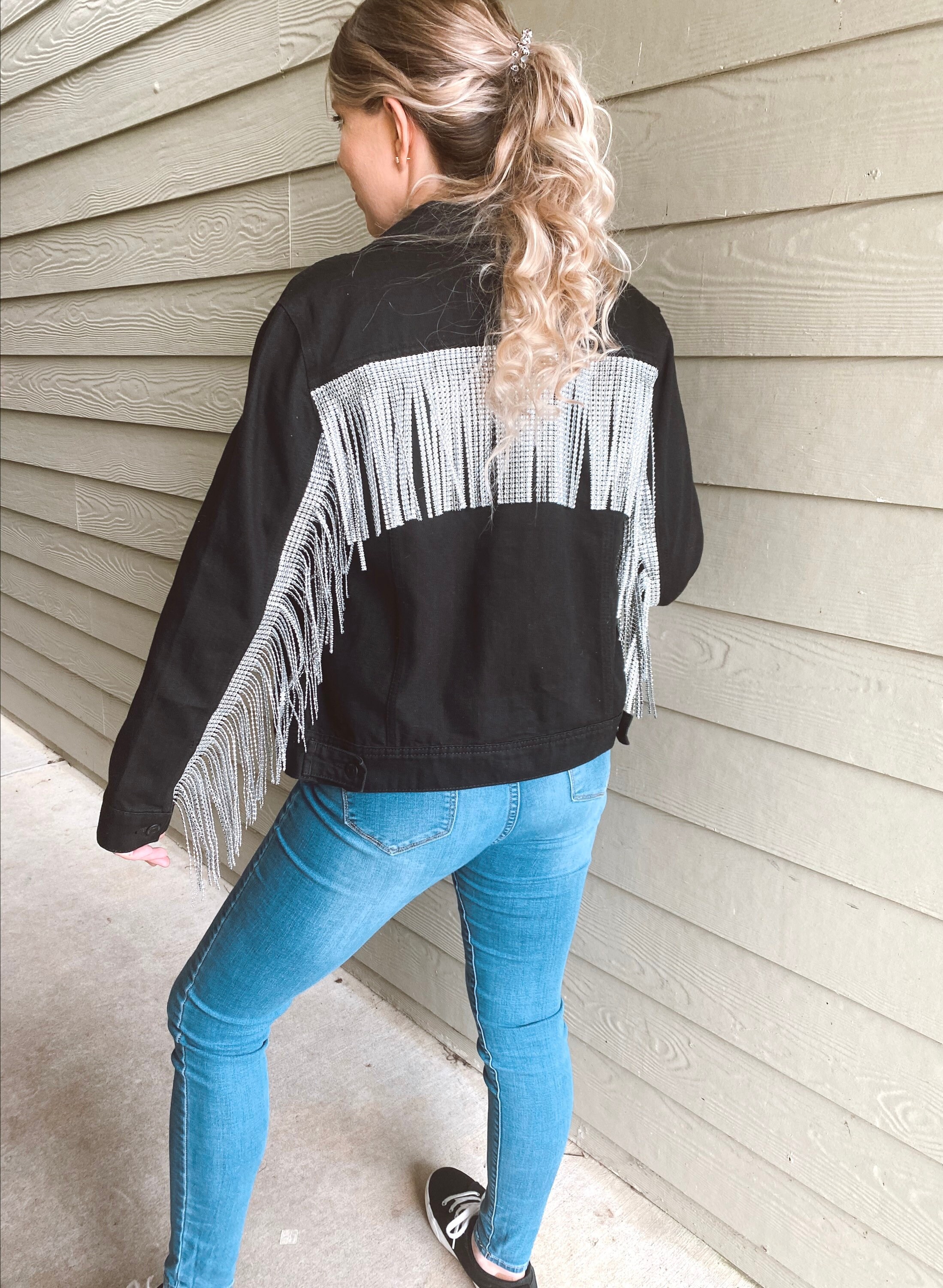 Rhinestone Fringe Black Denim Jacket Etsy